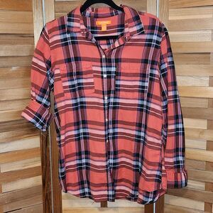 Joe Fresh Orange Plaid Button Up Shirt Women L Western Cotton Long Sleeve